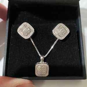 Diamond Sterling Silver Square Stud Earrings and Necklace Set
